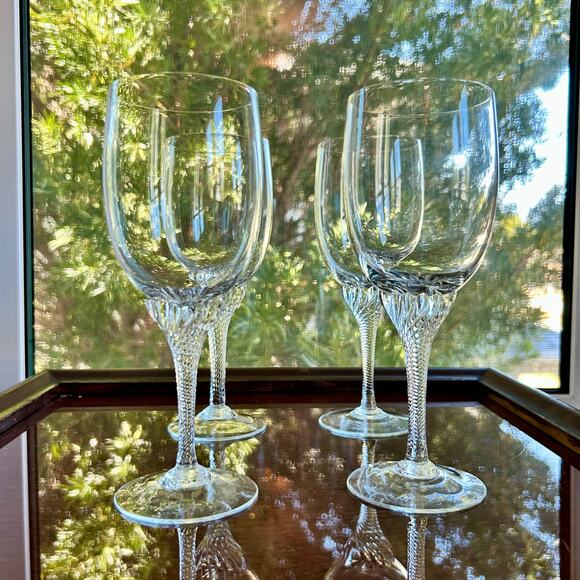 Vintage Twisted Stem Crystal American Cut Roberto Water & Coupe Glasses Set 8 - Picture 8 of 15